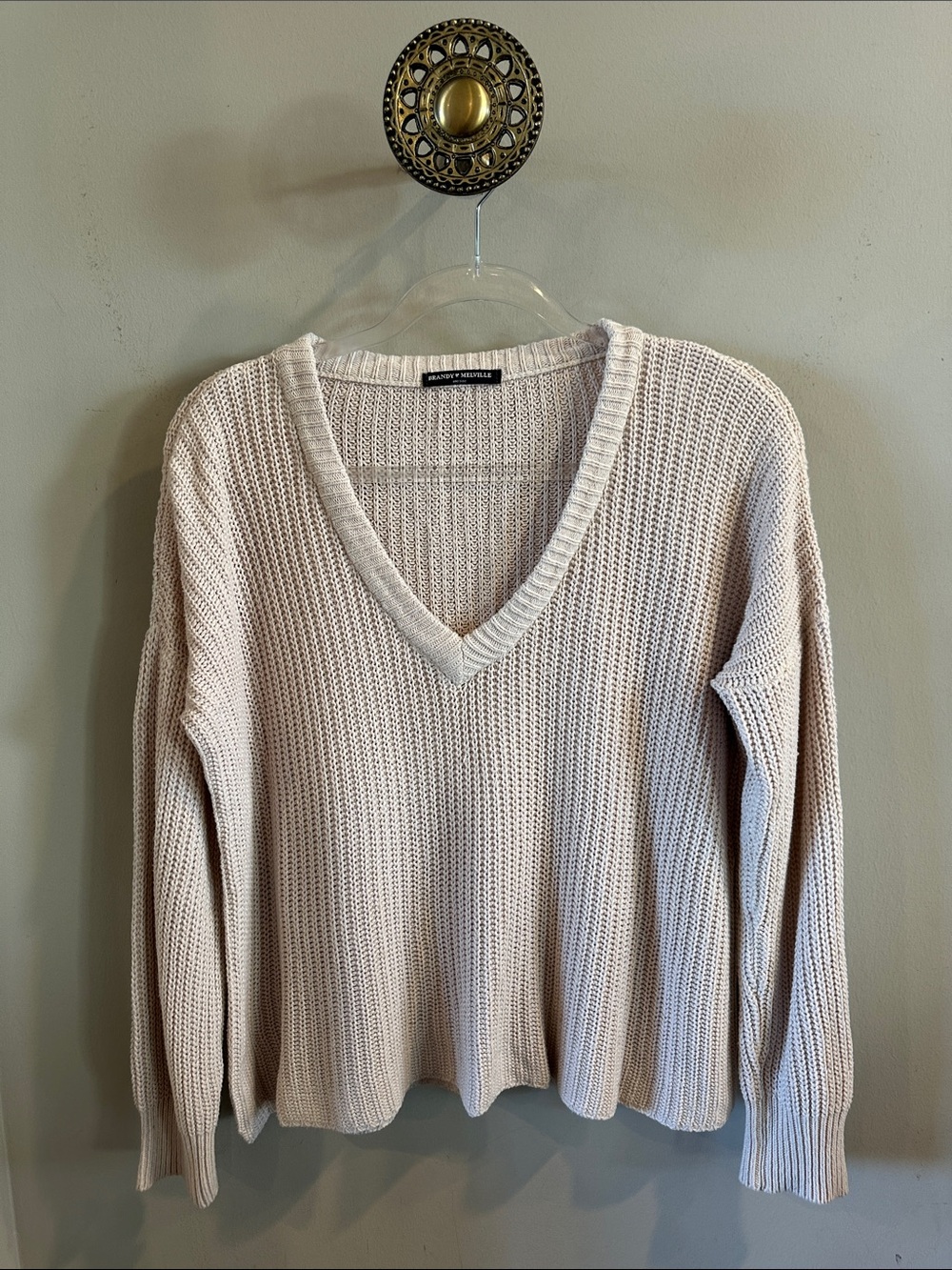 Brandy Melville Cream V-Neck Chunky Knit Sweater